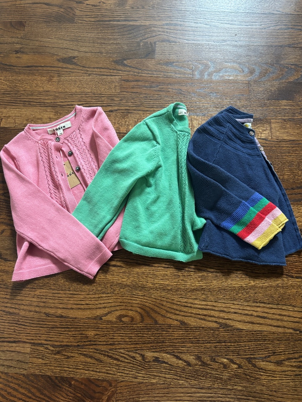 Mini Boden Knit Cardigan Set in Pink, Green & Navy with Rainbow Cuff